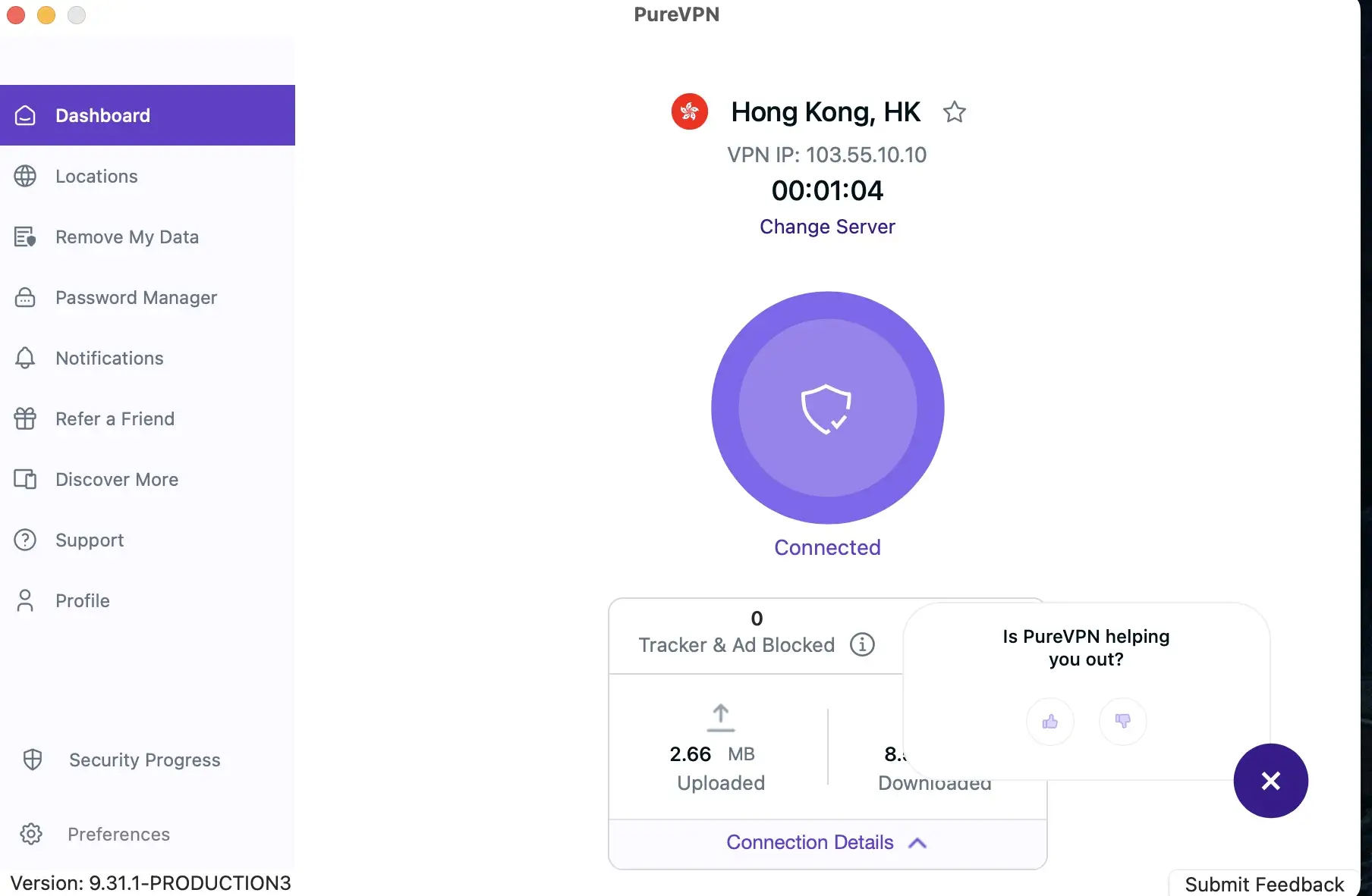 PureVPN Connected in China (Hong Kong Server)